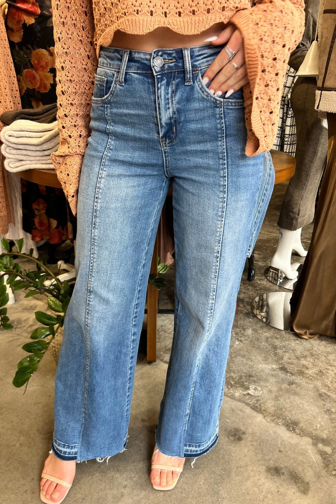 AADI SPLIT SEAM WIDE LEG DENIM JEANS - Violet Muse Boutique