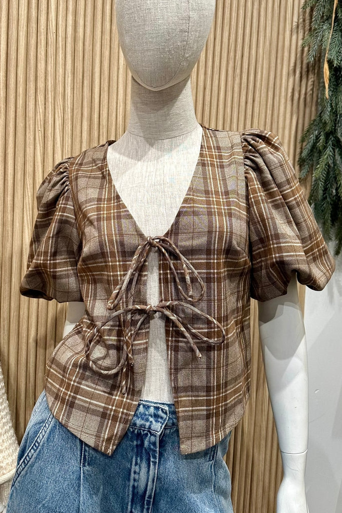 ARIA PLAID FRONT TIE TOP - Violet Muse Boutique