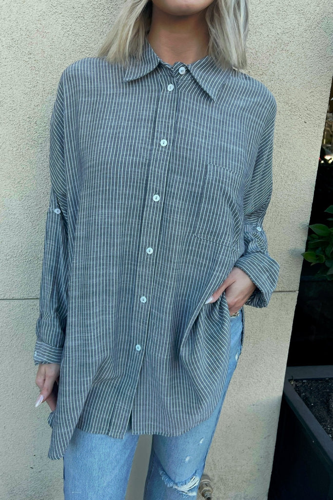 BAYSHORE BLACK STRIPED SHIRT - Violet Muse Boutique