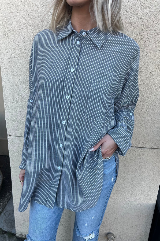 BAYSHORE BLACK STRIPED SHIRT - Violet Muse Boutique