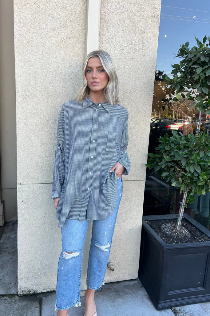 BAYSHORE BLACK STRIPED SHIRT - Violet Muse Boutique