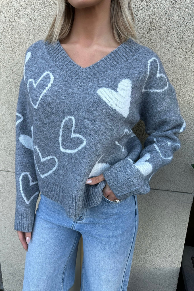 BLISSDALE GREY HEART SWEATER - Violet Muse Boutique