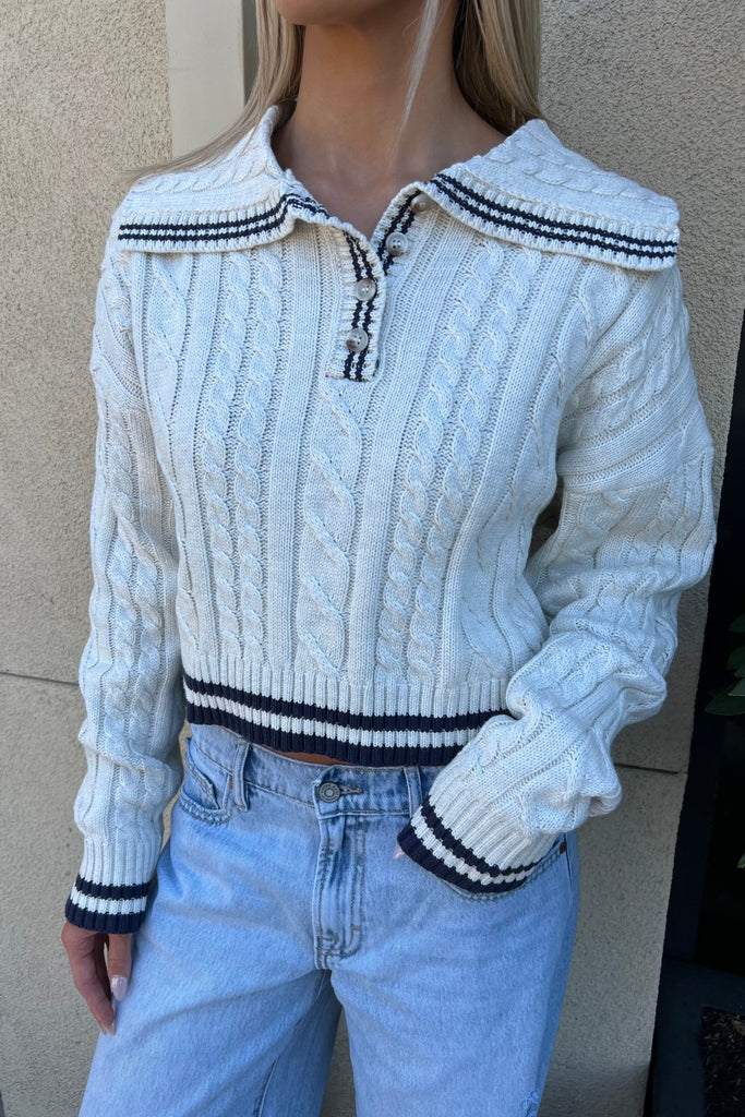BRISELLE CABLE KNIT COLLARED SWEATER - Violet Muse Boutique
