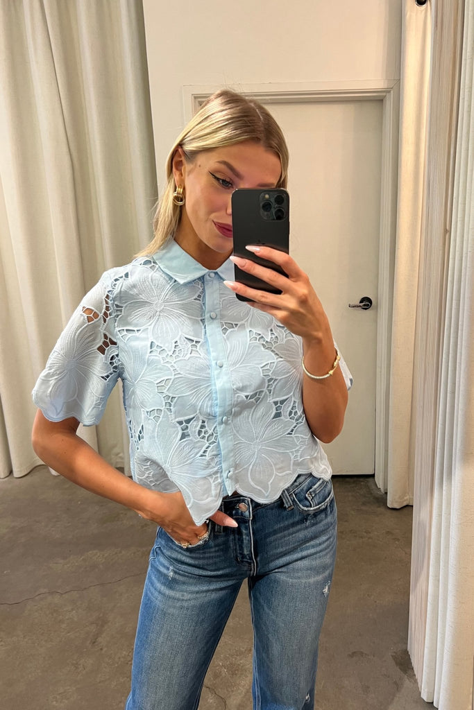 CAPE MAY BLUE FLORAL LACE BLOUSE - Violet Muse Boutique