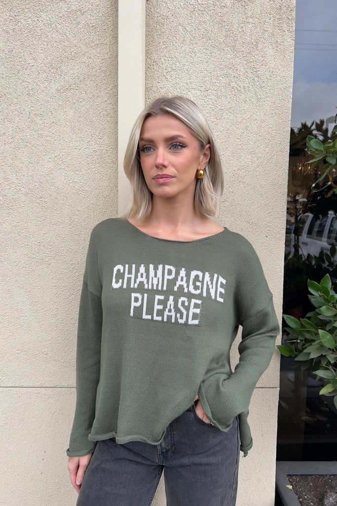 CHAMPAGNE PLEASE OLIVE SWEATER - Violet Muse Boutique
