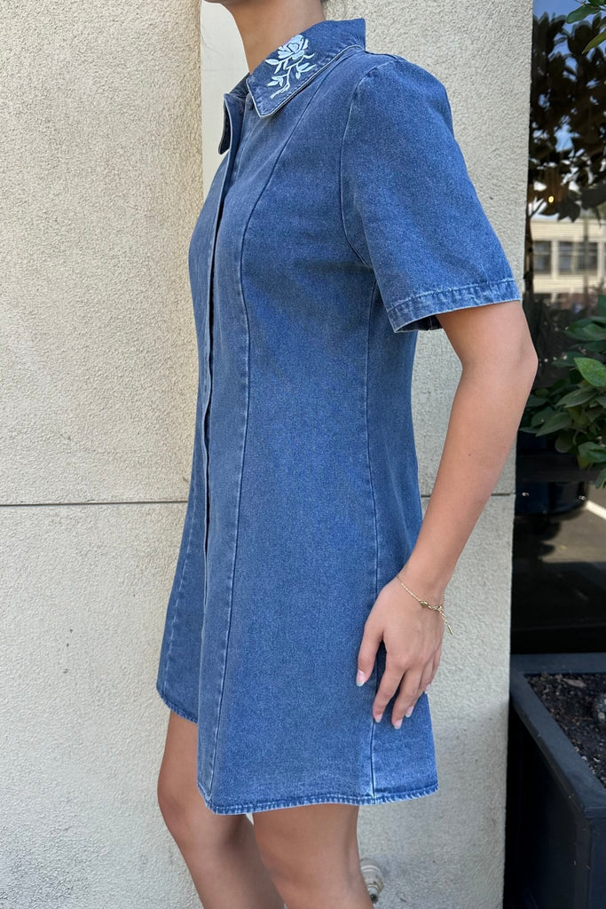 DALARI EMBROIDERED COLLAR DENIM DRESS - Violet Muse Boutique