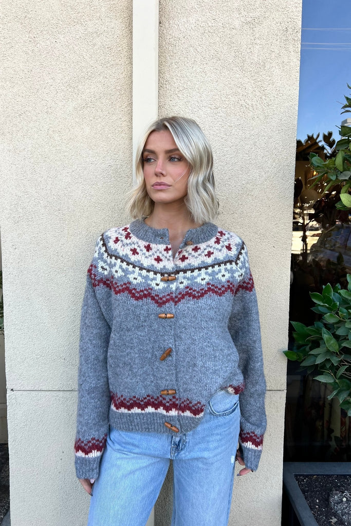HOLLYS GREY FAIR ISLE CARDIGAN - Violet Muse Boutique