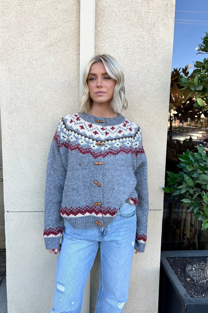 HOLLYS GREY FAIR ISLE CARDIGAN - Violet Muse Boutique