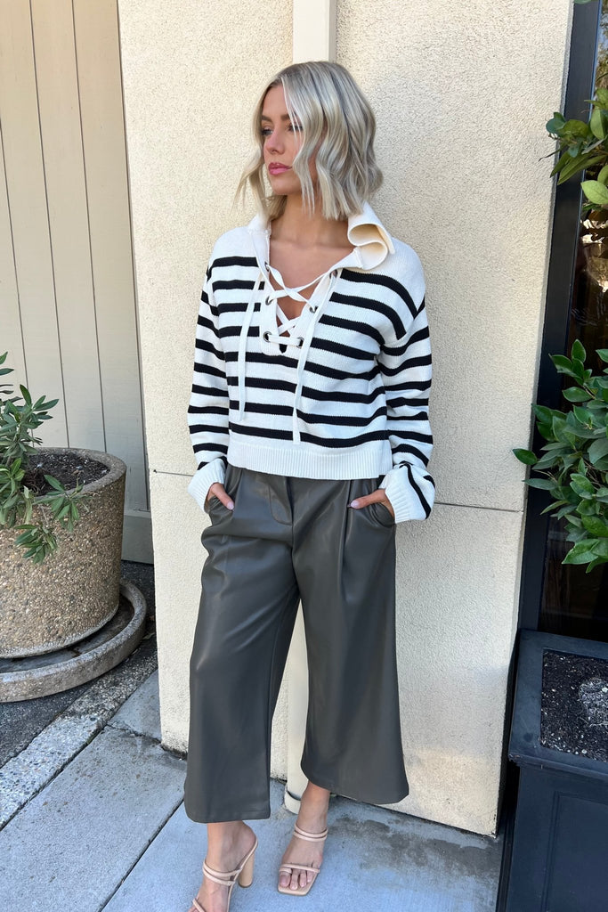 LIV LACE UP STRIPE SWEATER - Violet Muse Boutique