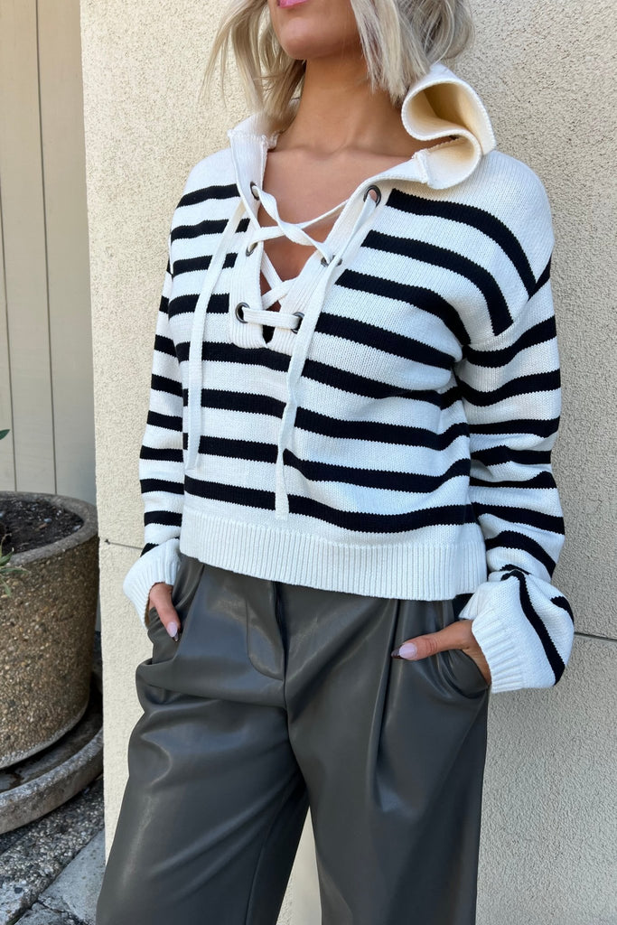 LIV LACE UP STRIPE SWEATER - Violet Muse Boutique