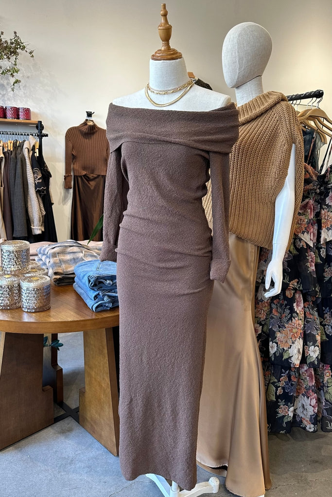 MARIGLOW COFFEE OFF SHOULDER KNIT DRESS - Violet Muse Boutique