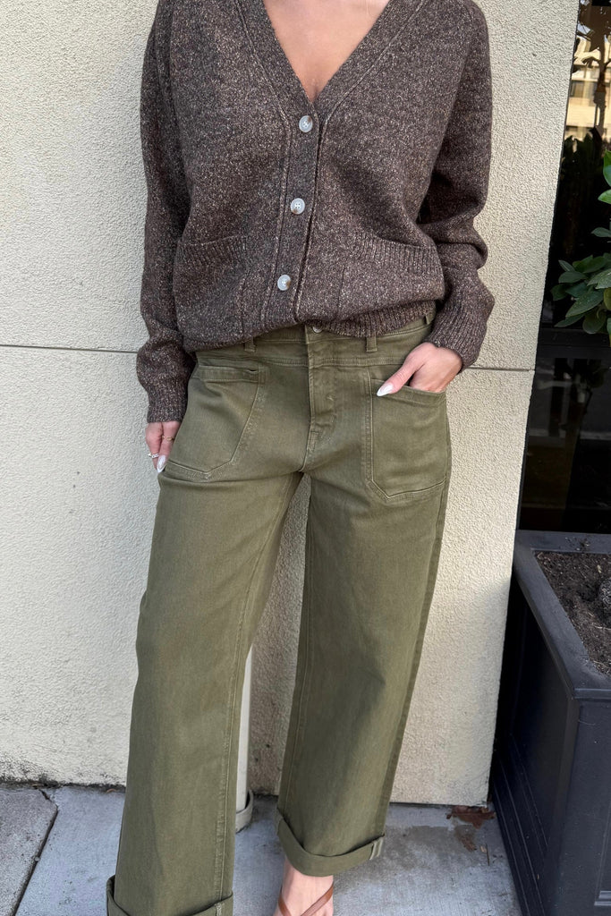 NASH OLIVE CUFFED WIDE LEG DENIM JEANS - Violet Muse Boutique