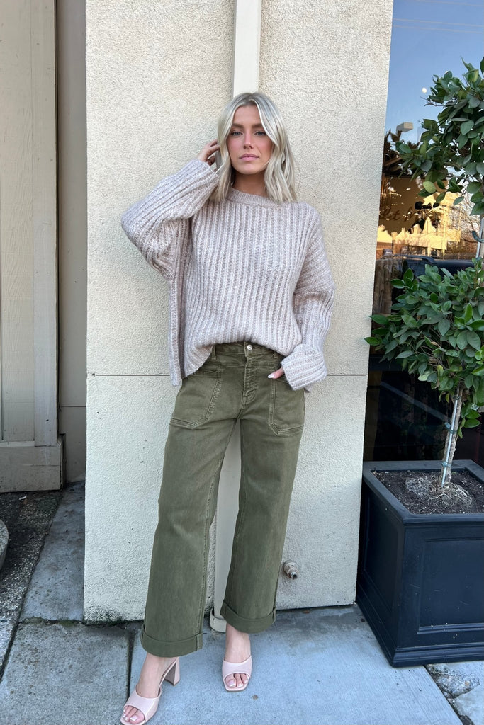 NASH OLIVE CUFFED WIDE LEG DENIM JEANS - Violet Muse Boutique