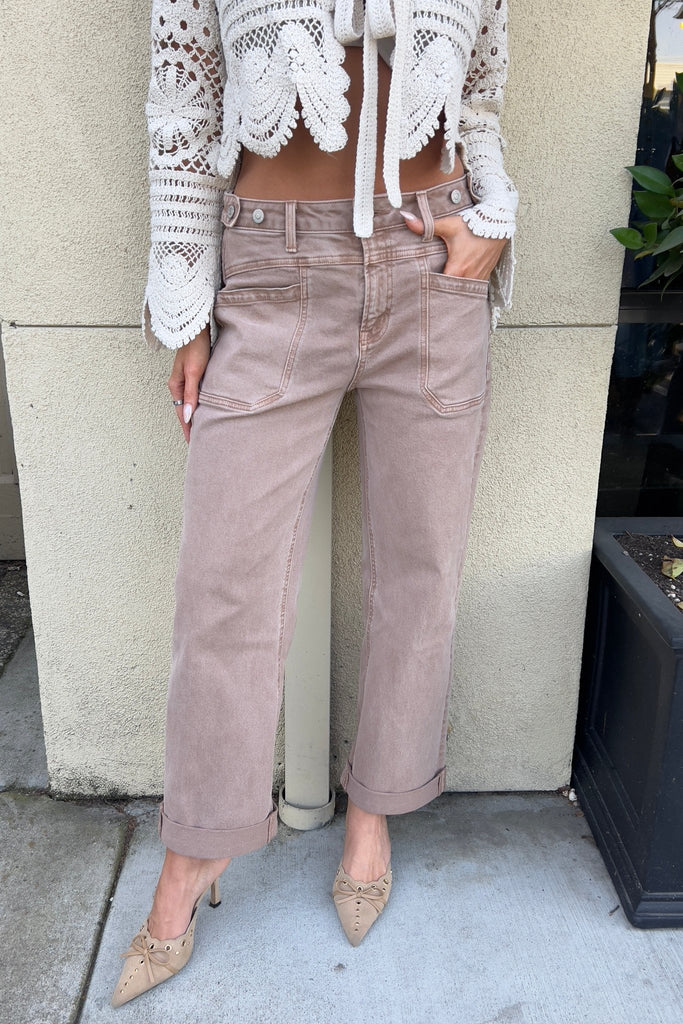 NASH TAUPE CUFFED WIDE LEG DENIM JEANS - Violet Muse Boutique
