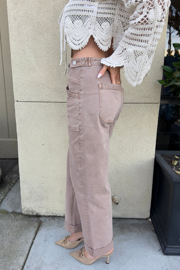 NASH TAUPE CUFFED WIDE LEG DENIM JEANS - Violet Muse Boutique
