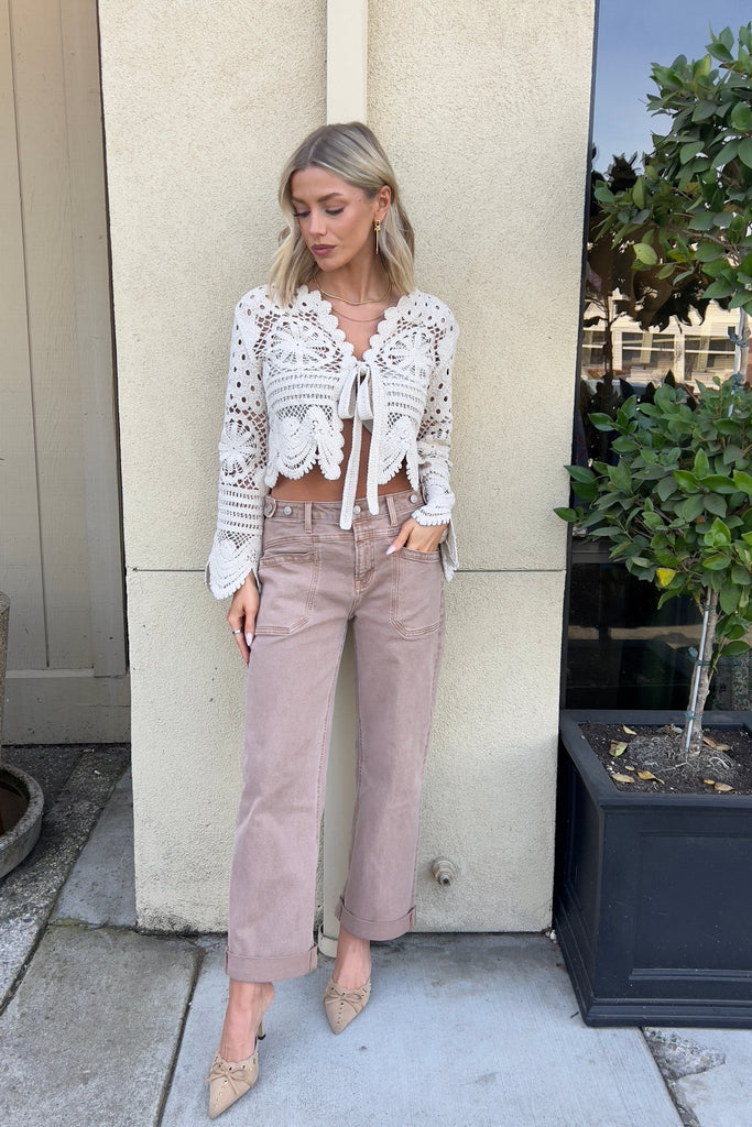 NASH TAUPE CUFFED WIDE LEG DENIM JEANS - Violet Muse Boutique