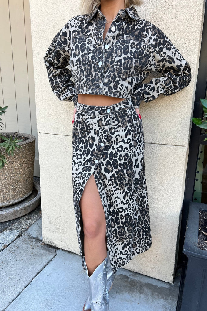 NIGHTLUME LEOPARD DENIM SKIRT - Violet Muse Boutique
