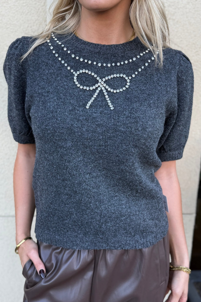 RUE CLER RHINESTONE BOW SWEATER - Violet Muse Boutique