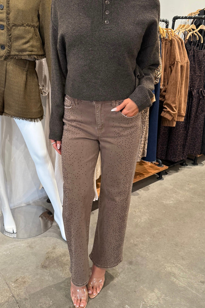 SABLE COFFEE EMBELISHED DENIM JEANS - Violet Muse Boutique