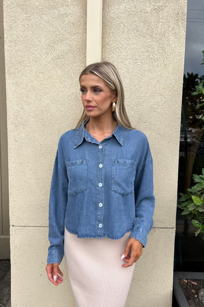 SADIE BLUE TENCEL DENIM SHIRT - Violet Muse Boutique