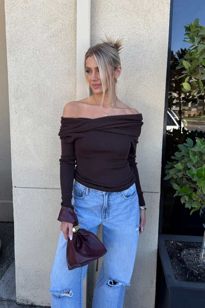 SALINA OFF SHOULDER CROSSOVER SWEATER - Violet Muse Boutique