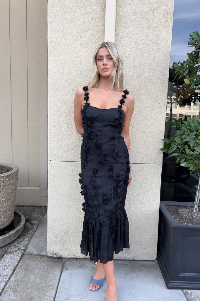 SHEER BLISS BLACK FLOWER APPLIQUE DRESS - Violet Muse Boutique
