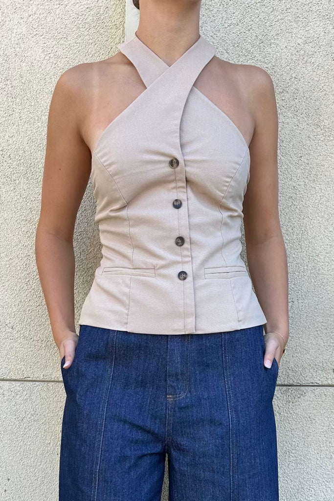 SHORELY LINEN TWISTED HALTER NECK TOP - Violet Muse Boutique