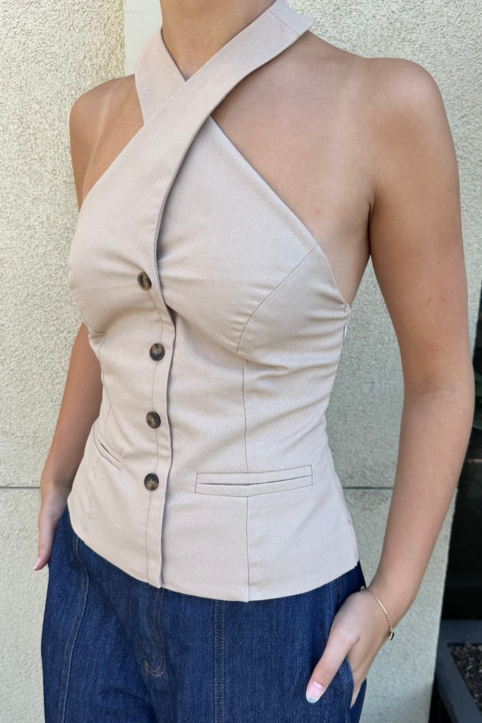 SHORELY LINEN TWISTED HALTER NECK TOP - Violet Muse Boutique