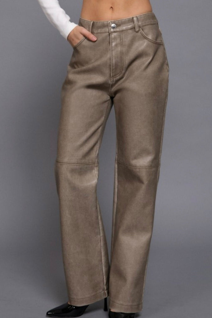 WESTIN TAUPE FAUX LEATHER PANTS - Violet Muse Boutique