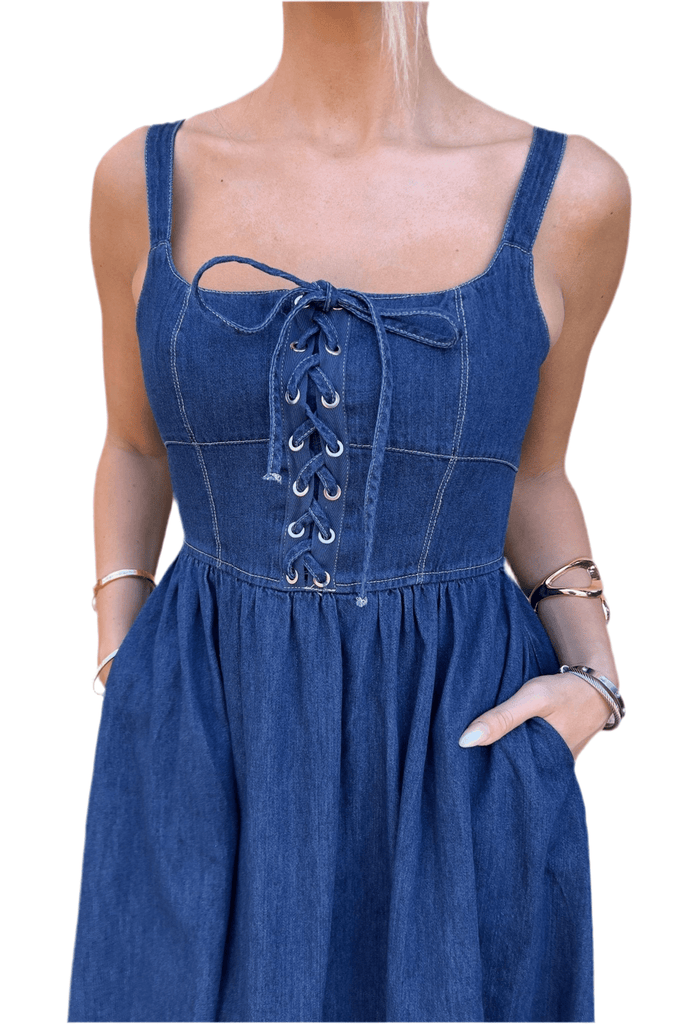 WHISPERA LACEUP DENIM DRESS - Violet Muse Boutique