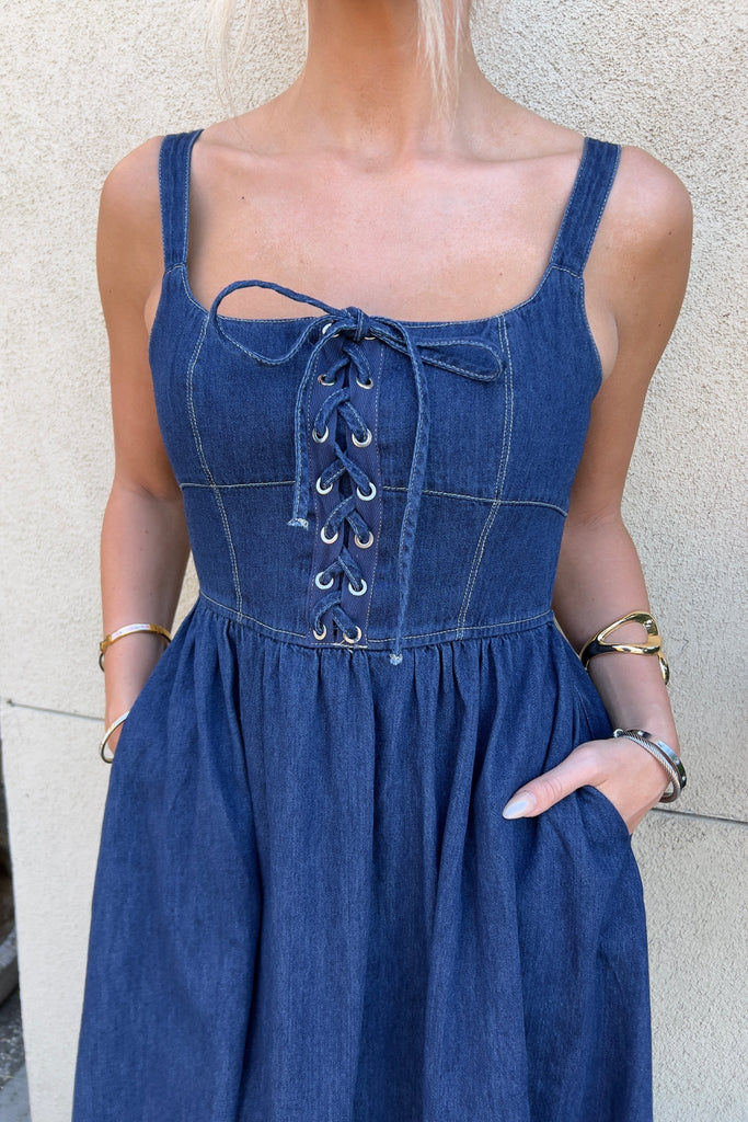 WHISPERA LACEUP DENIM DRESS - Violet Muse Boutique