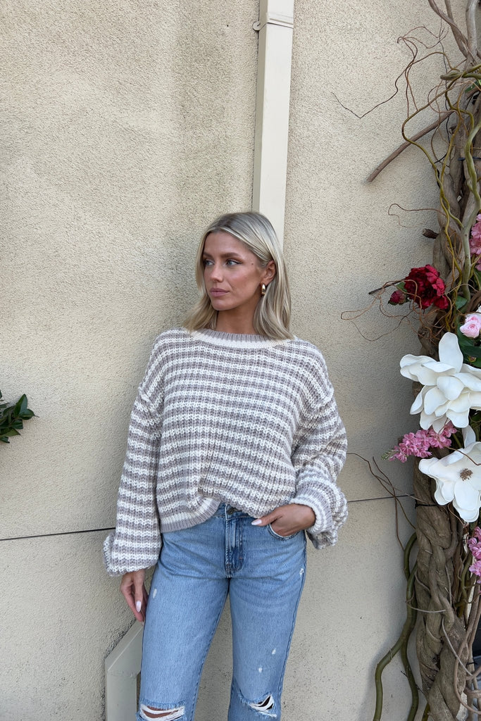 WILDBAY SAND STRIPED SWEATER - Violet Muse Boutique